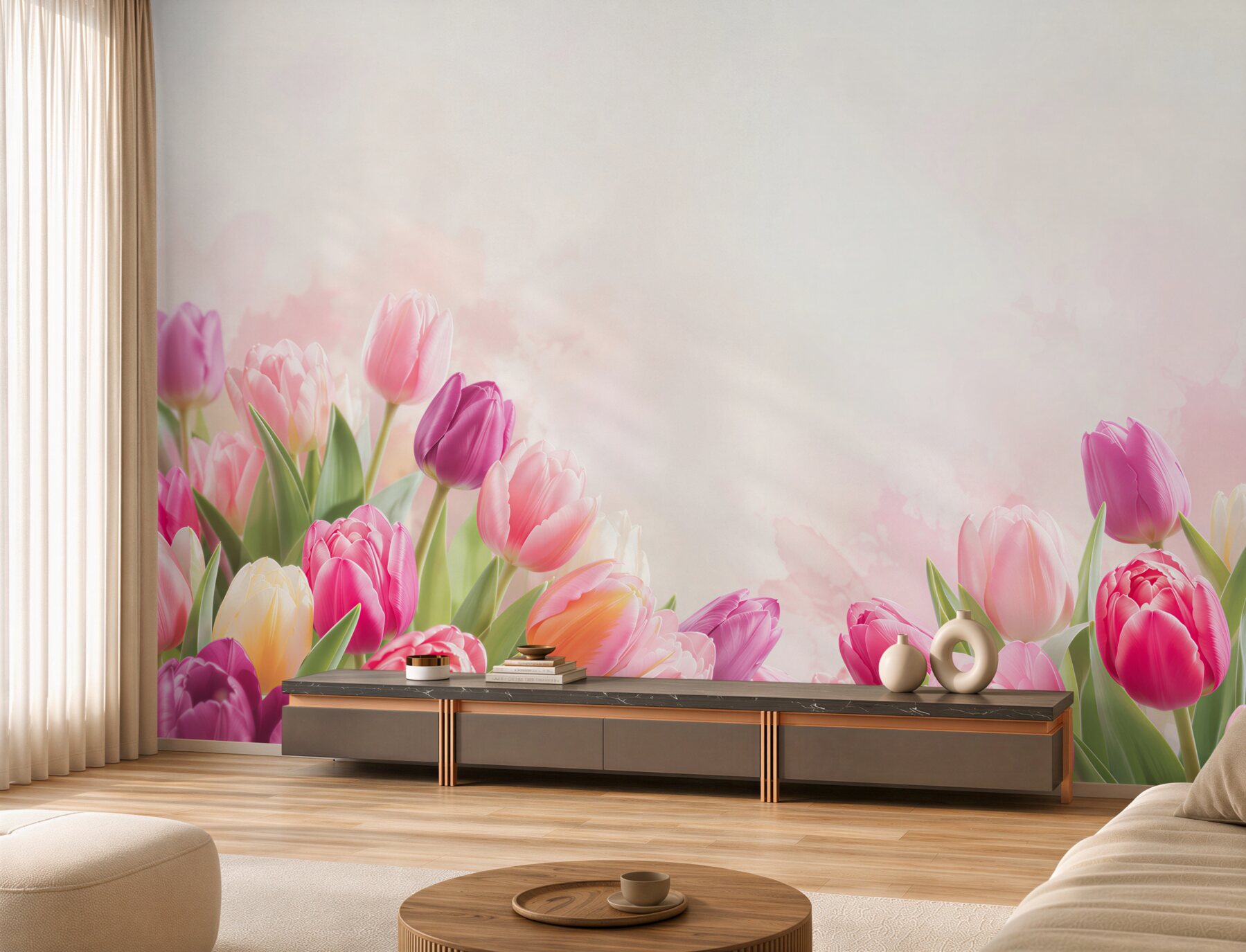 Fotobehang kleurrijke lentetulpen met groen