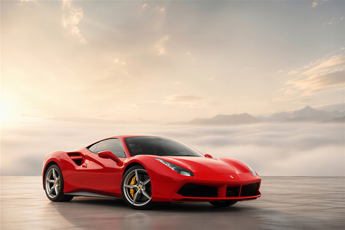 Fotobehang lichtrode Ferrari op een regenachtige dag