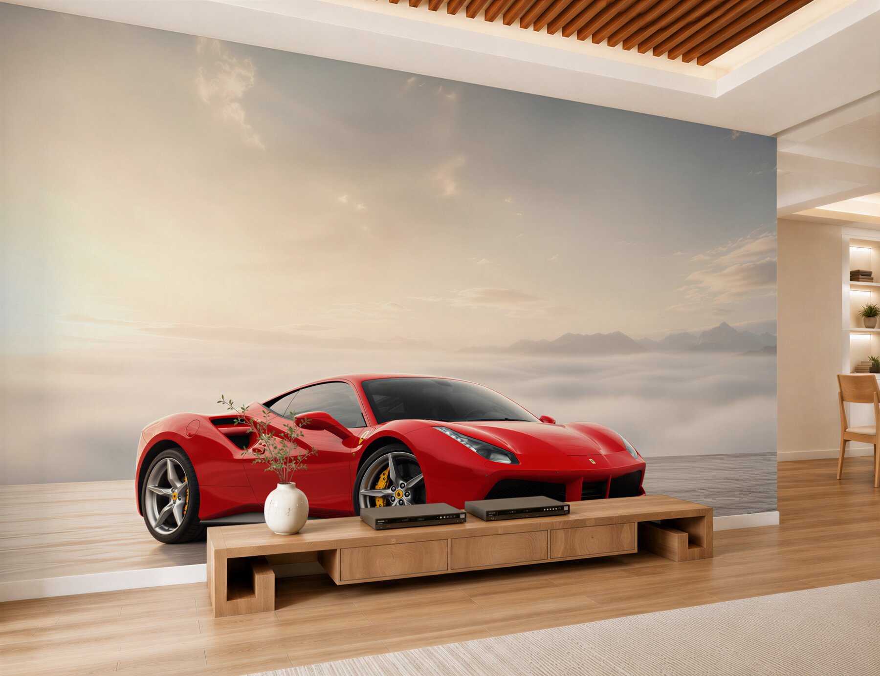 Fotobehang lichtrode Ferrari op een regenachtige dag