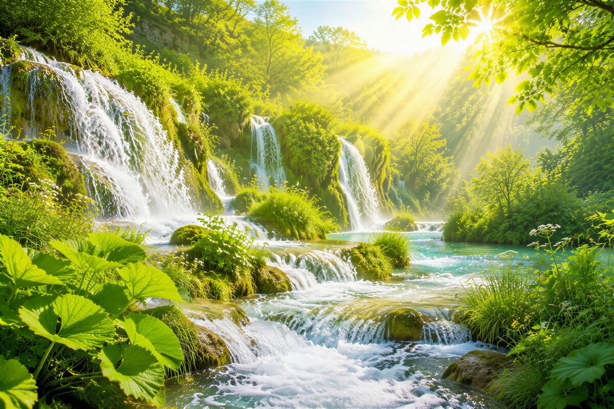 Fotobehang helder zonlicht verlicht een borrelende waterval