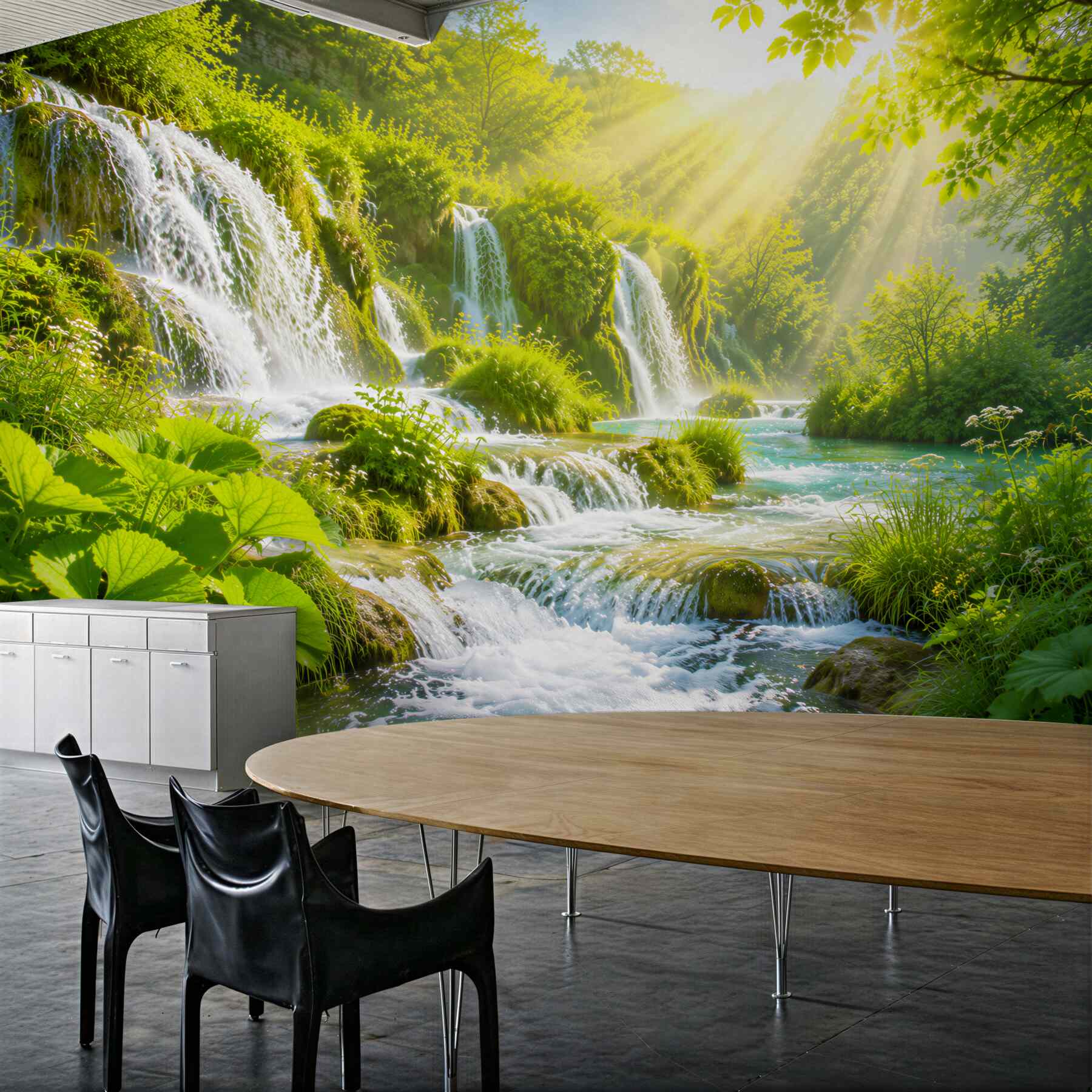 Fotobehang helder zonlicht verlicht een borrelende waterval