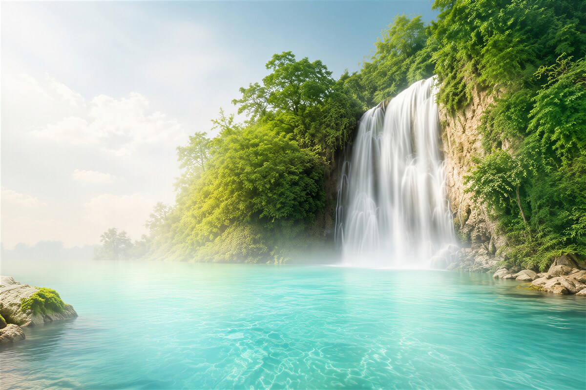 Fotobehang hoge waterval die in een azuurblauw meer valt