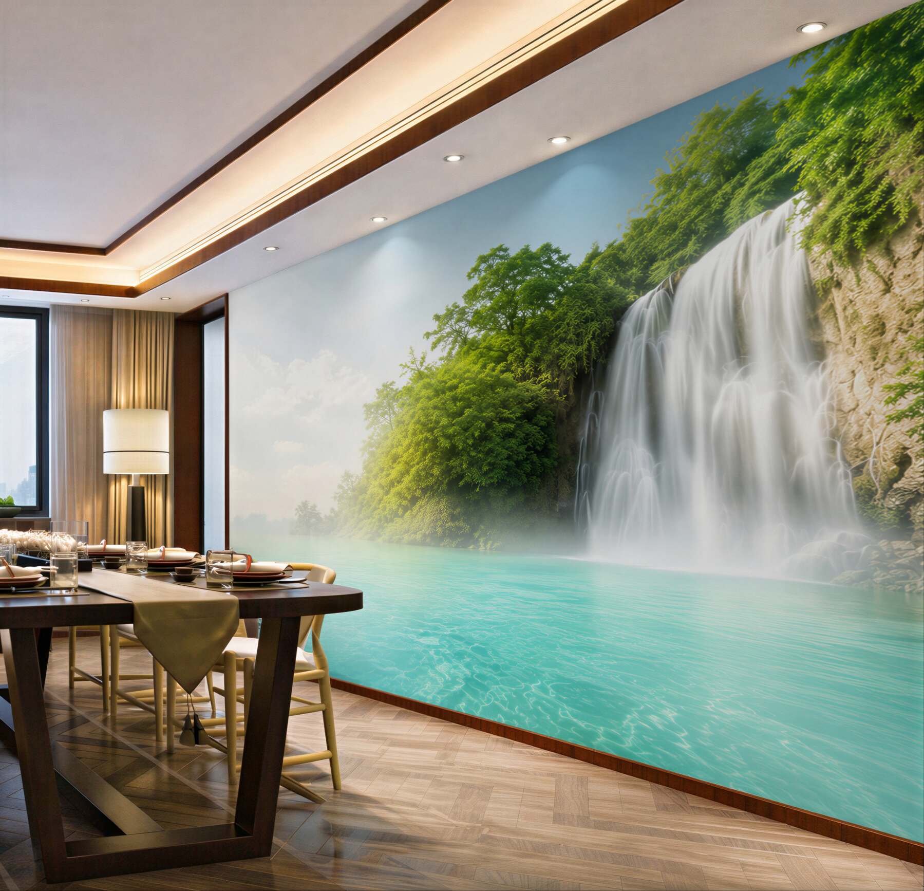 Fotobehang hoge waterval die in een azuurblauw meer valt