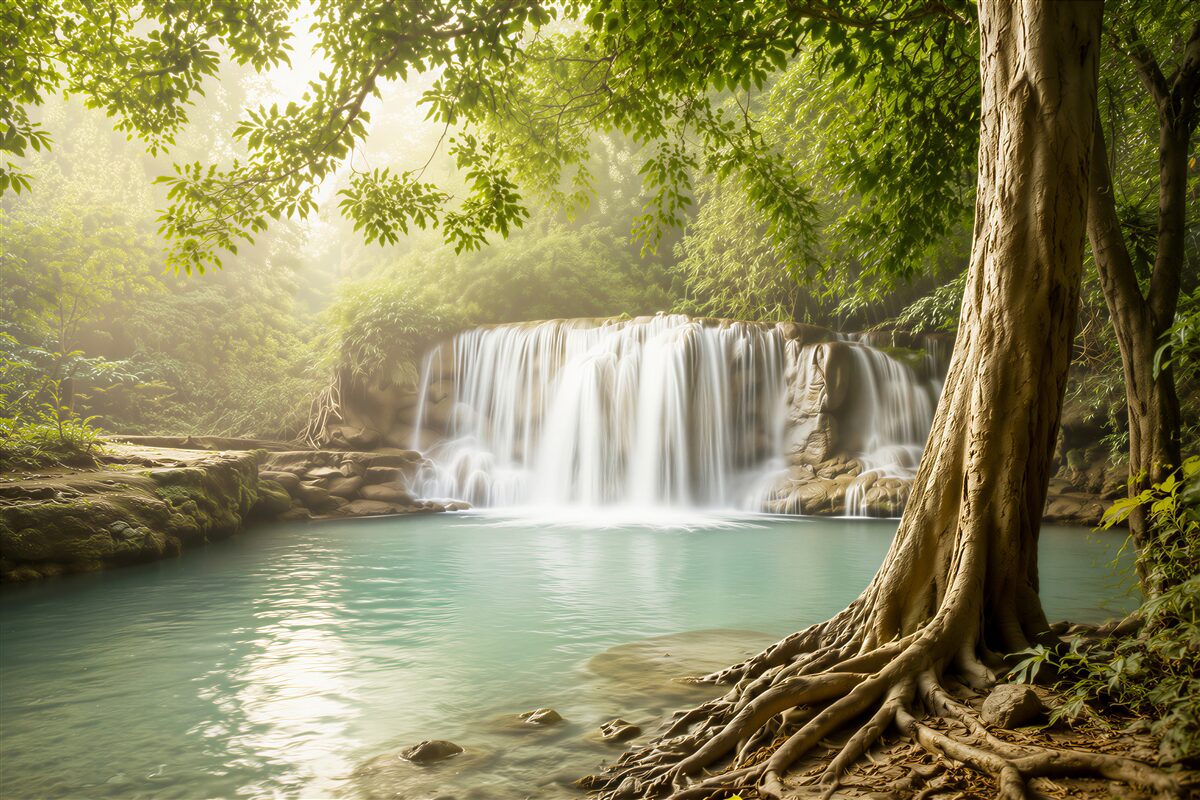 Fotobehang Waterval in een oud bos