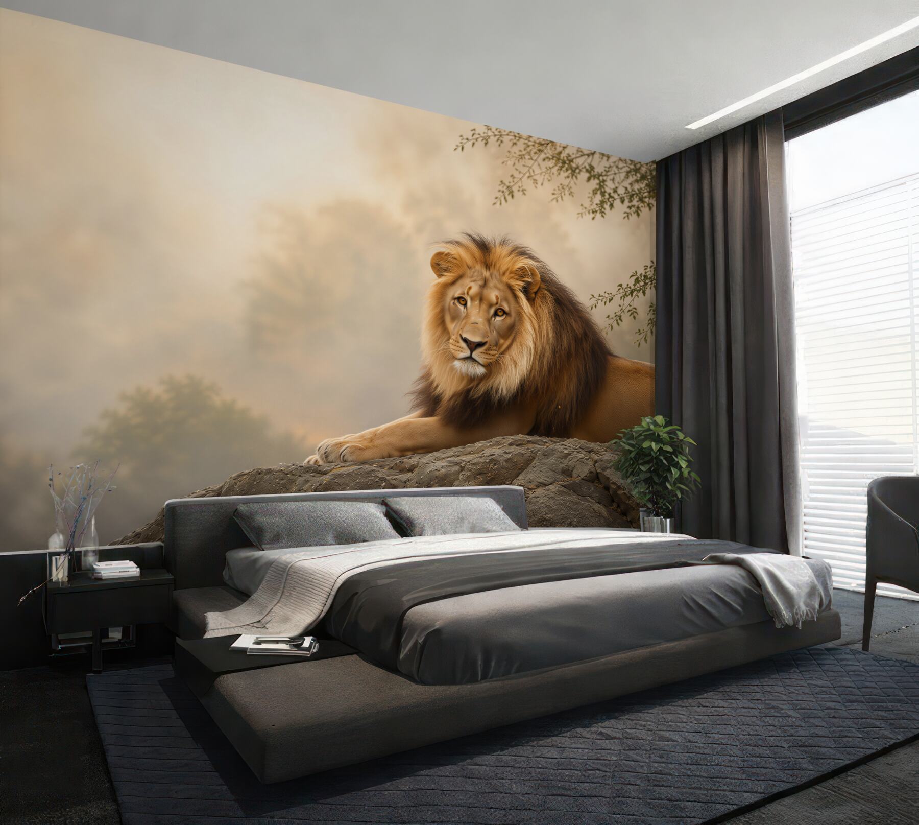Fotobehang Volwassen leeuw op een steen wachtend op een leeuwin