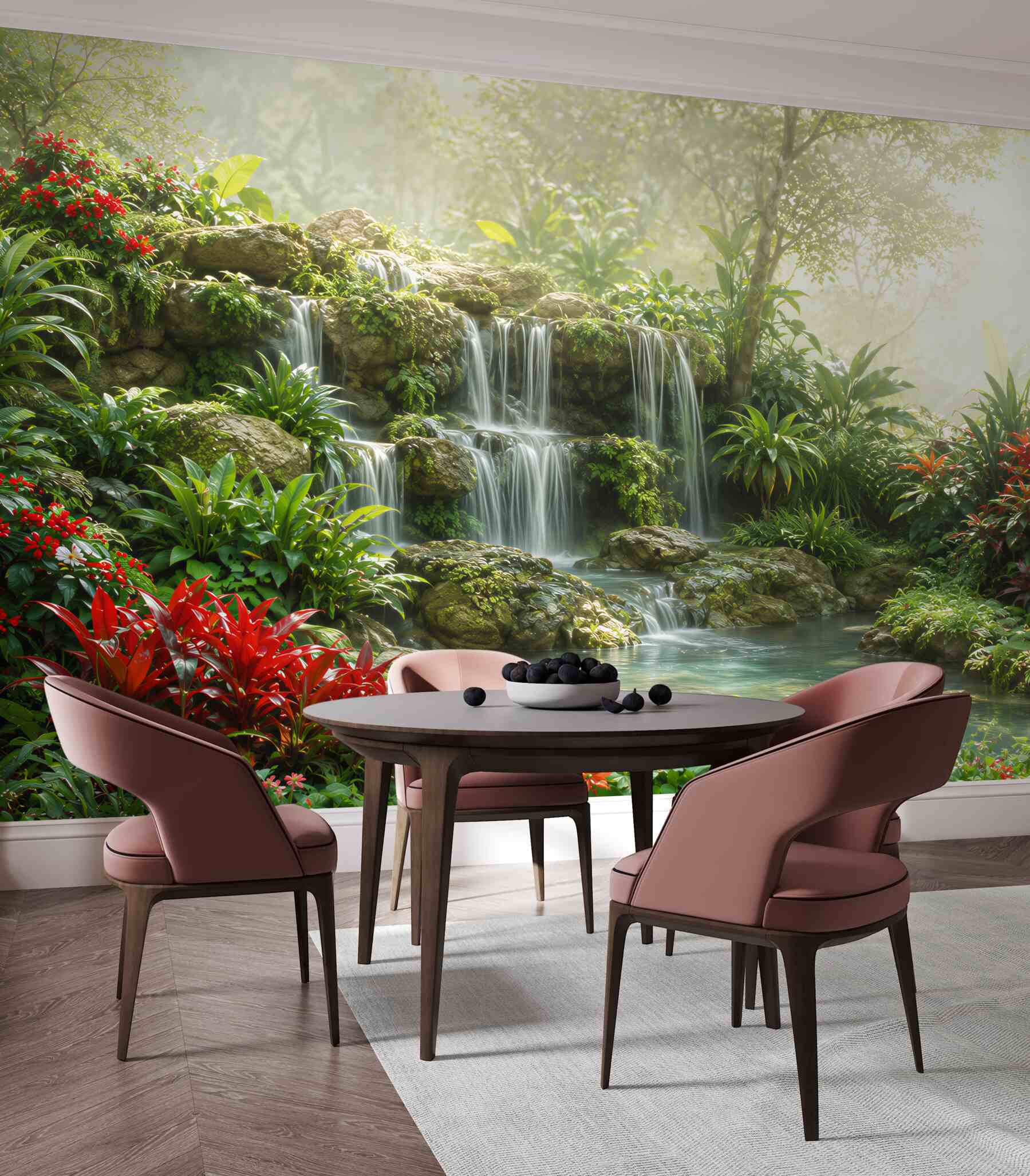 Fotobehang Plaats met geschiedenis naast een waterval met bloemen