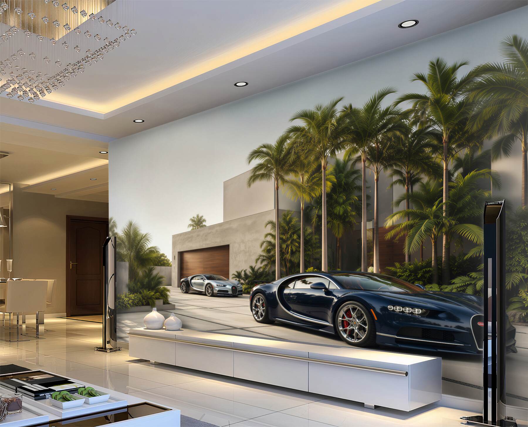 Fotobehang Luxe sportwagens geparkeerd naast een woning