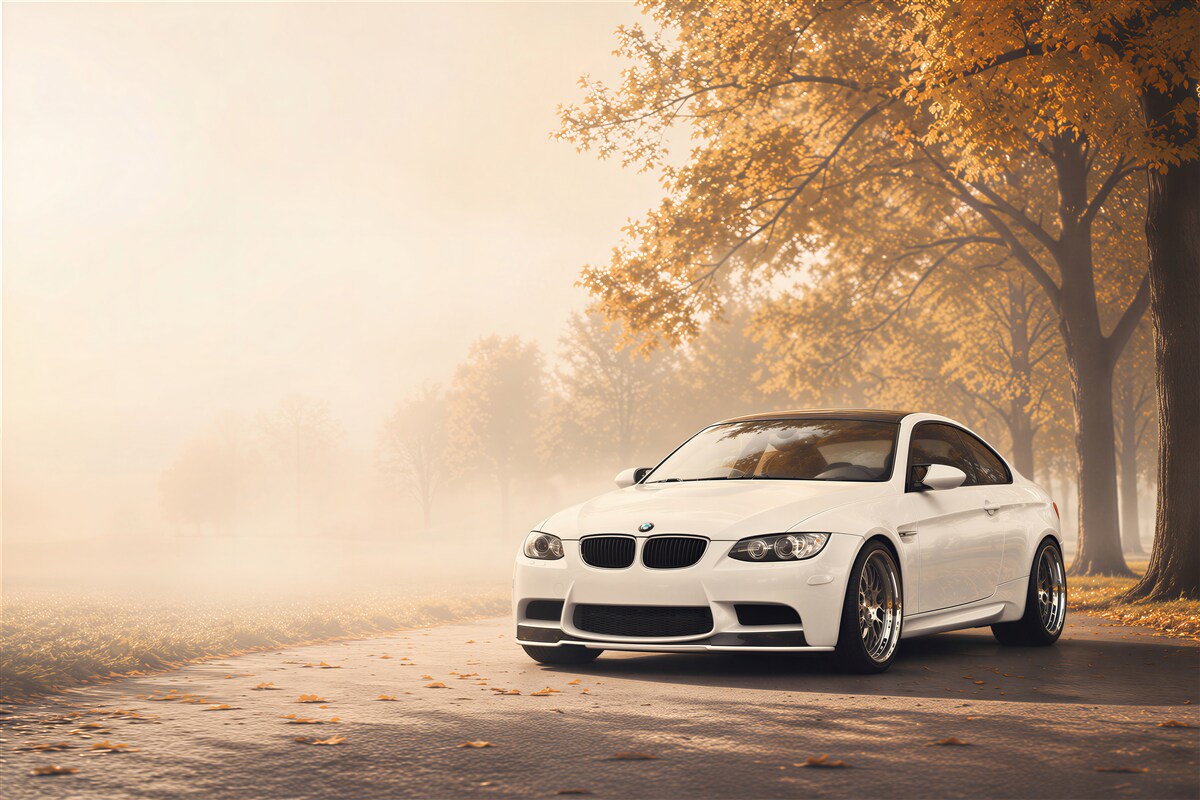 Fotobehang witte BMW op de weg in de herfst