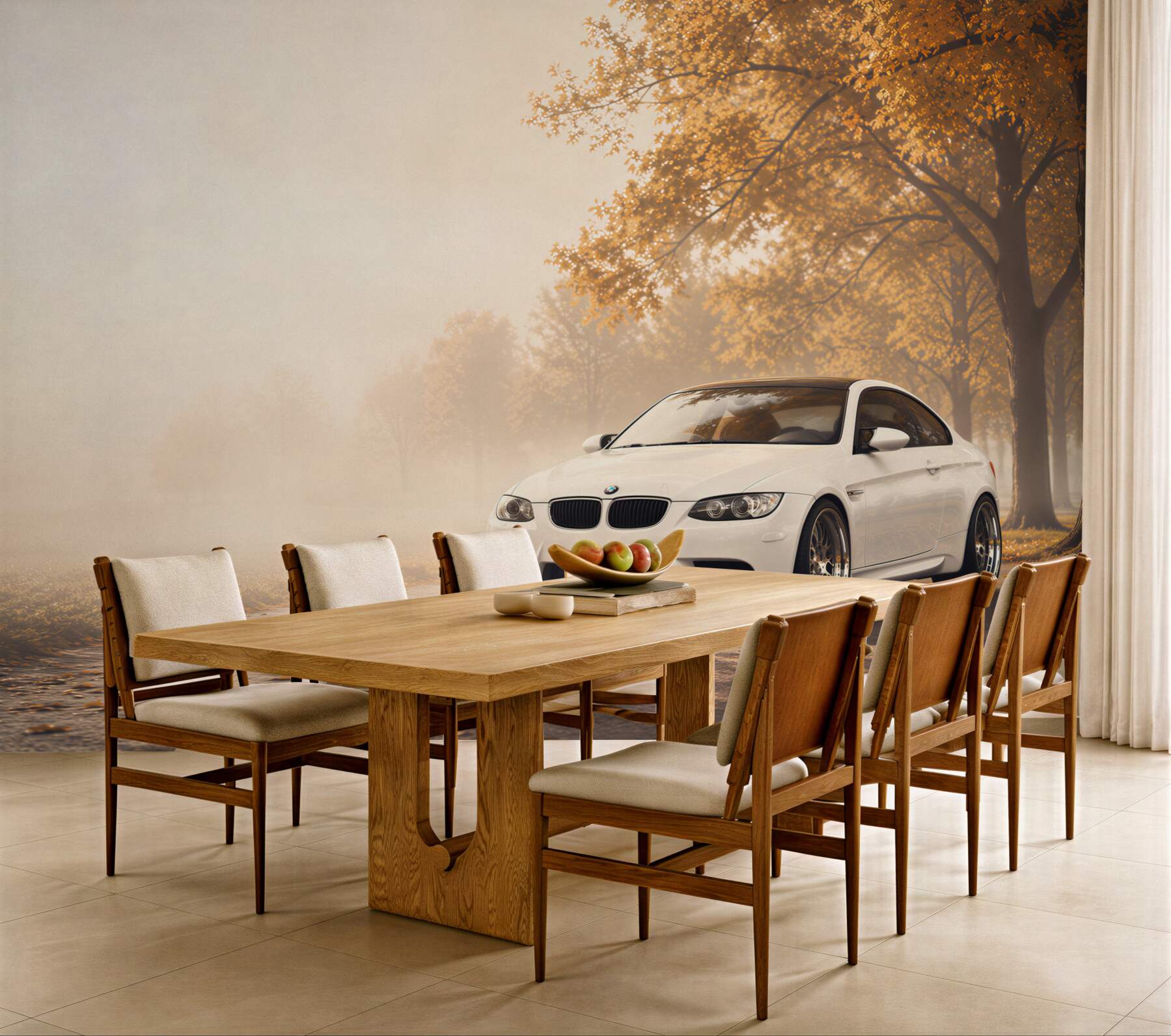Fotobehang witte BMW op de weg in de herfst