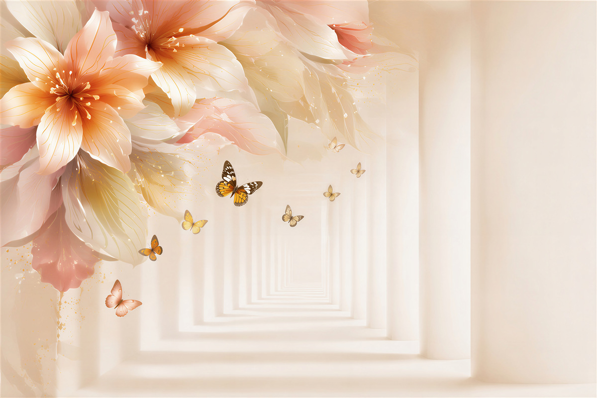 Fotobehang vlinders die van verse bloemen in een tunnel vliegen