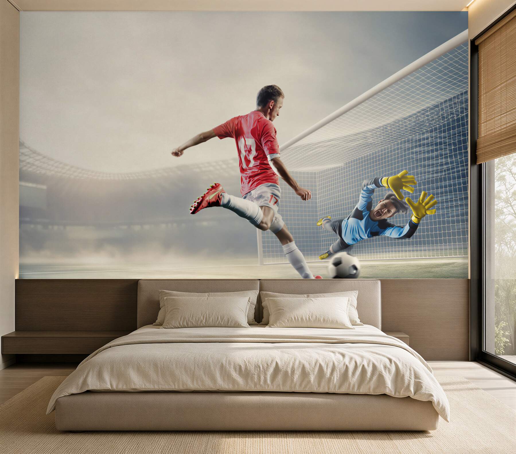 Fotobehang voetballer die op doel schiet