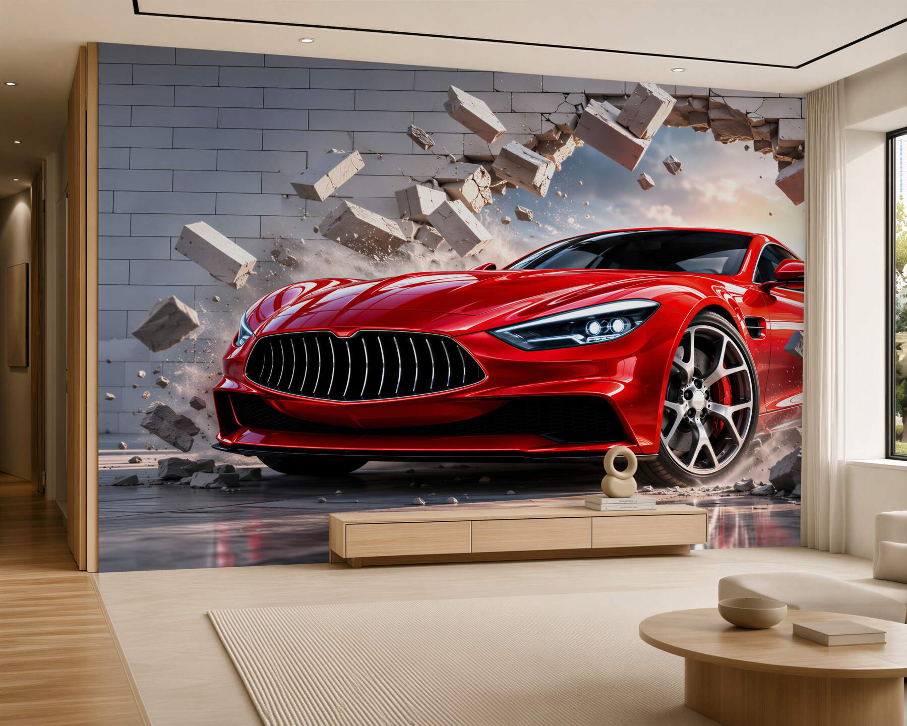 Fotobehang rode auto die een bakstenen muur doorbreekt