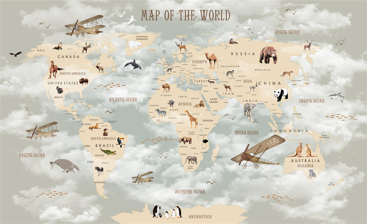 Fotobehang Wereldkaart met details over dieren en transport