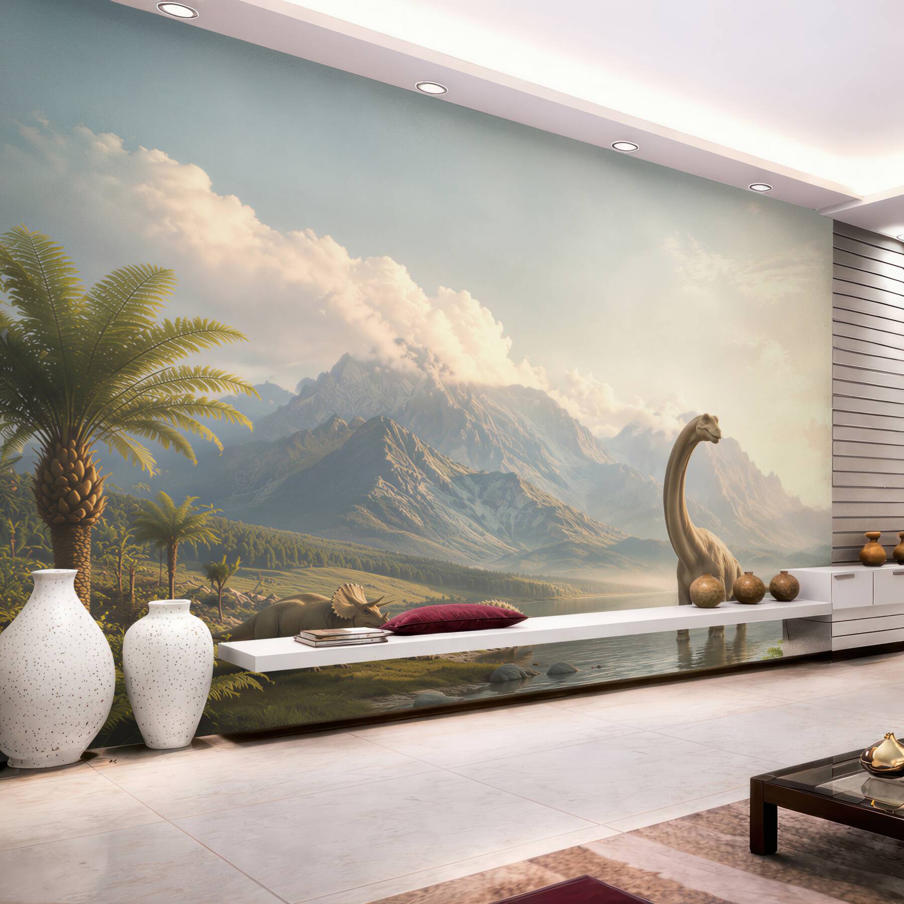 Fotobehang fantastische dinosaurussen aan het water