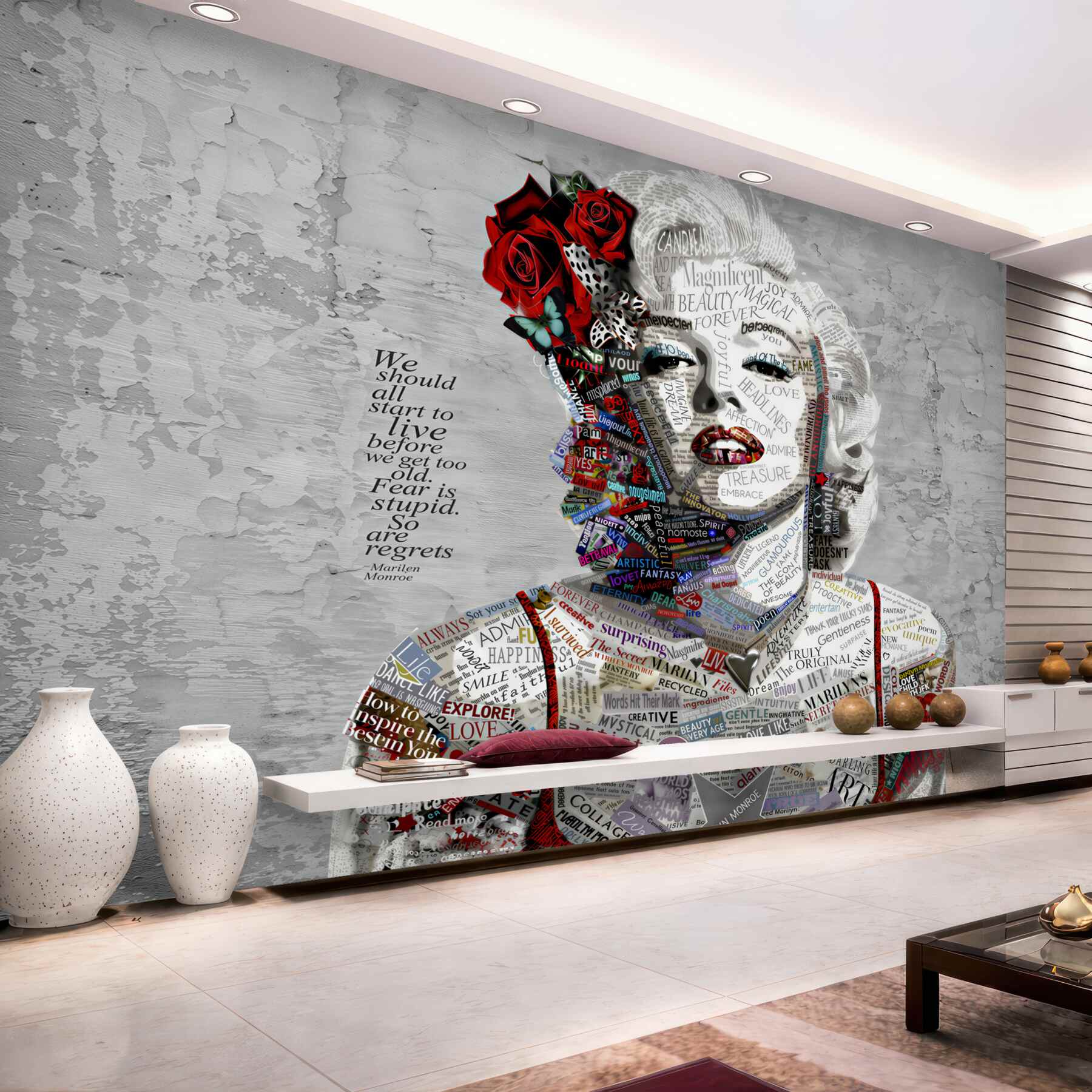 Fotobehang Marilyn Monroe met rode rozen in het haar