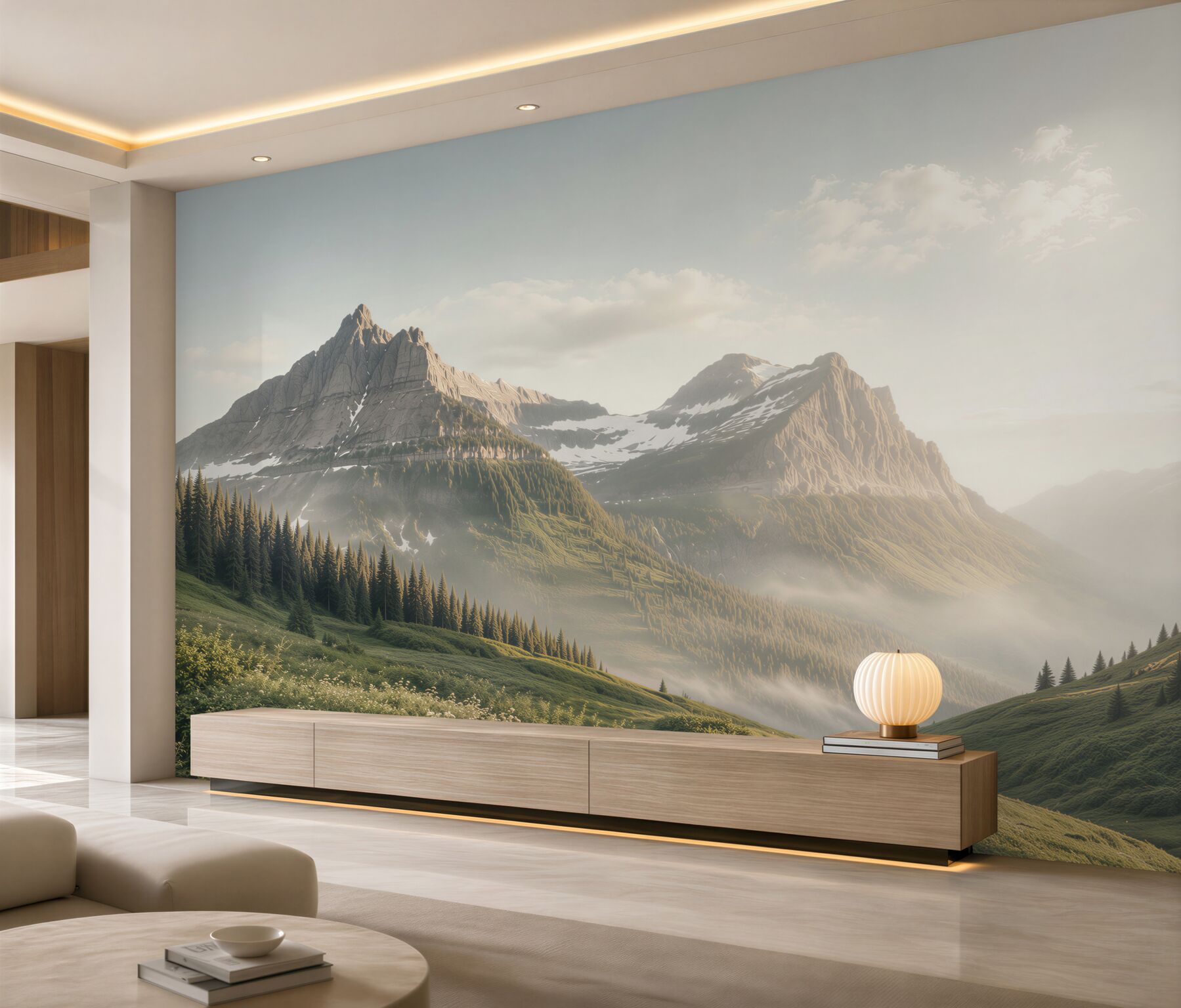 Fotobehang uitzicht vanaf de open plek op grote bergen