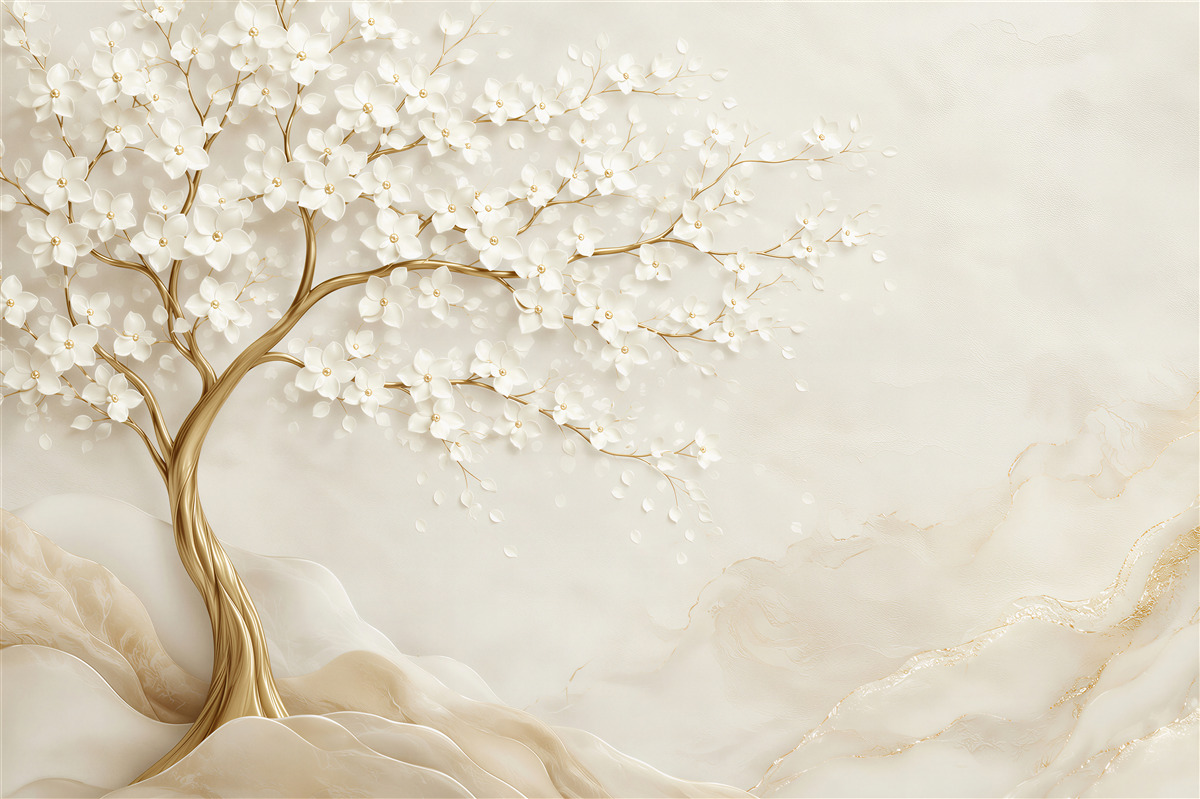 Fotobehang zomerboom met witte bloemen