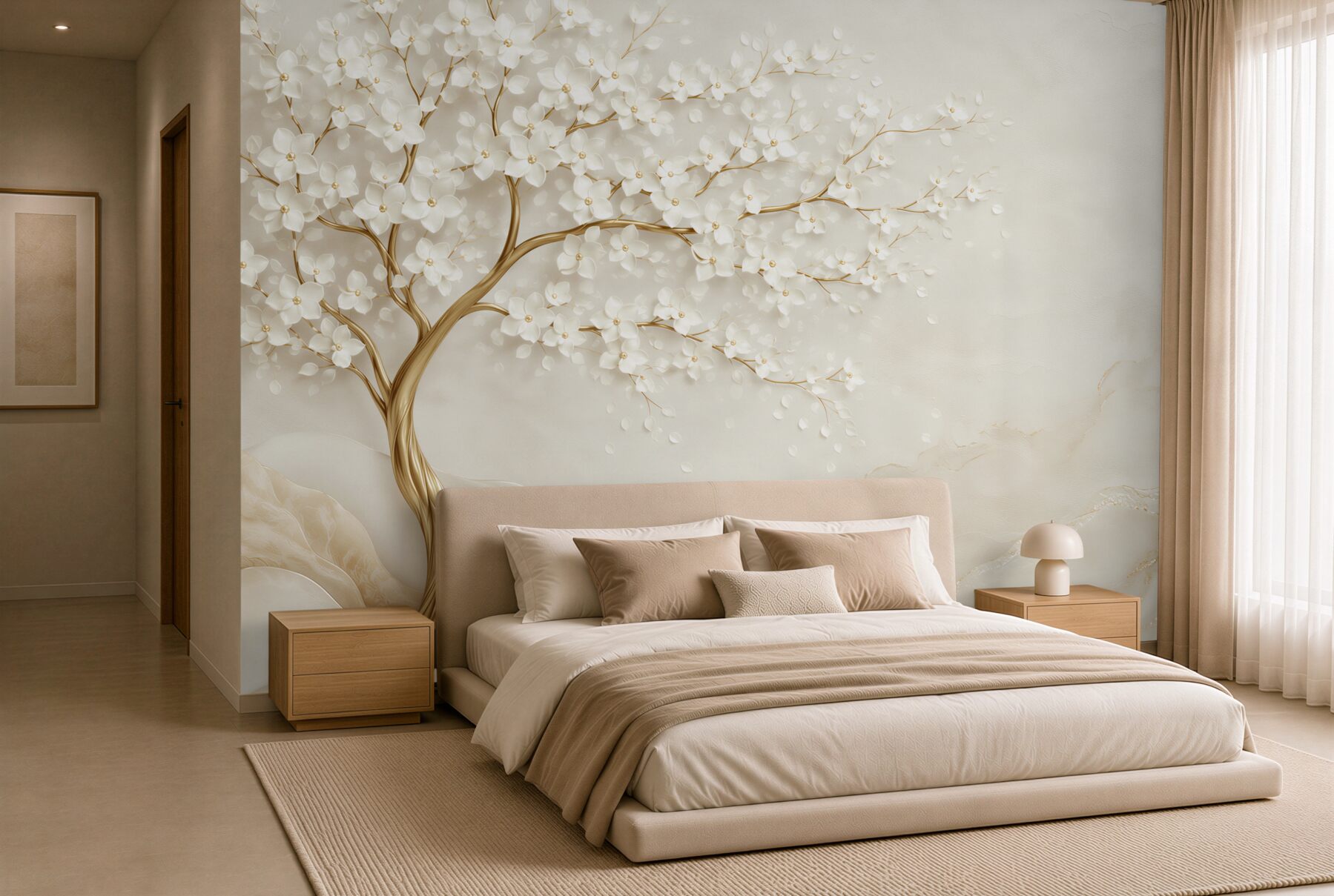 Fotobehang zomerboom met witte bloemen