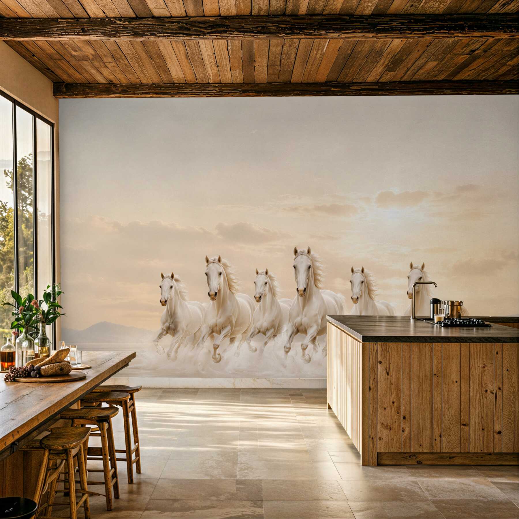 Fotobehang zeven witte paarden