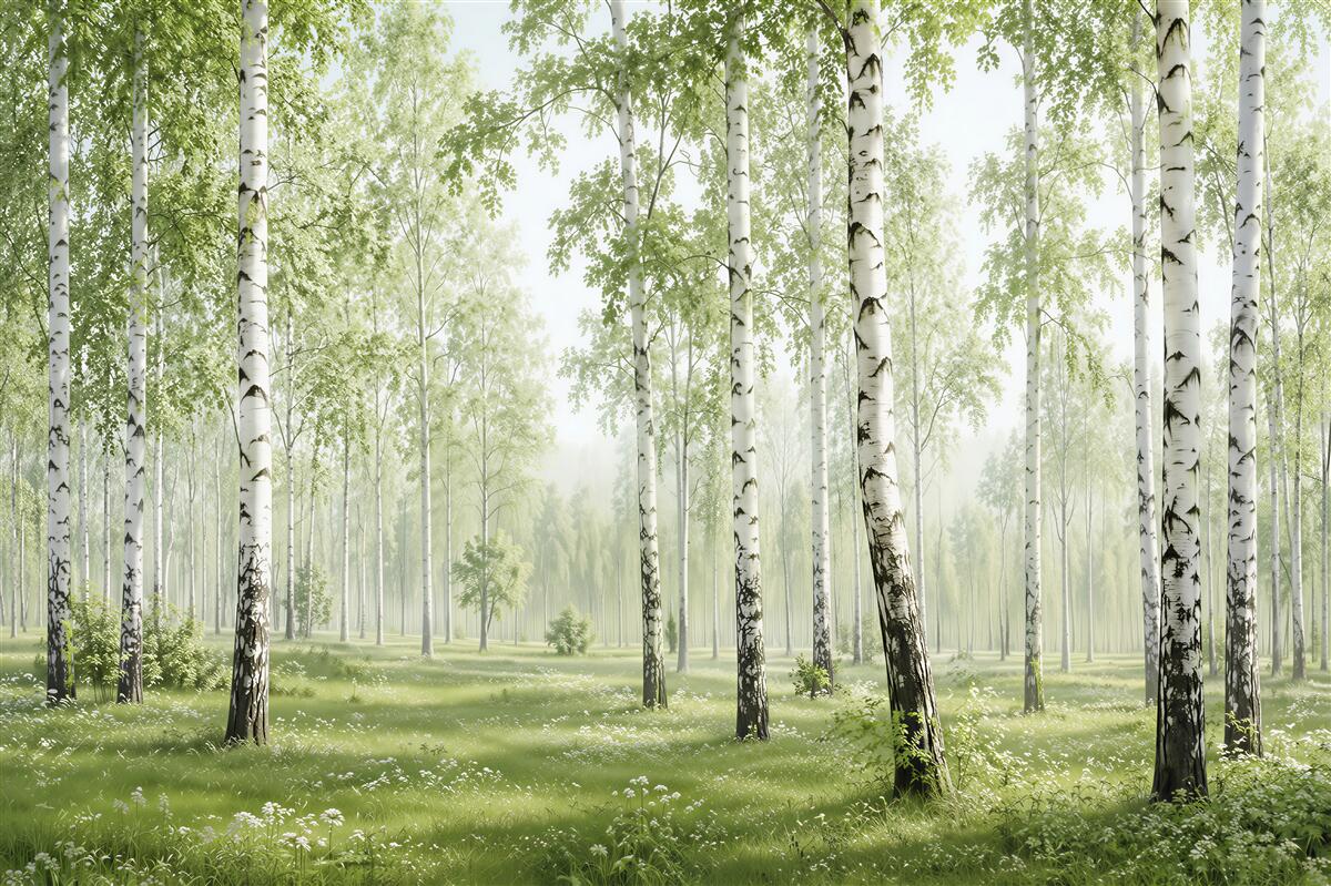 Fotobehang veel berken in het bos