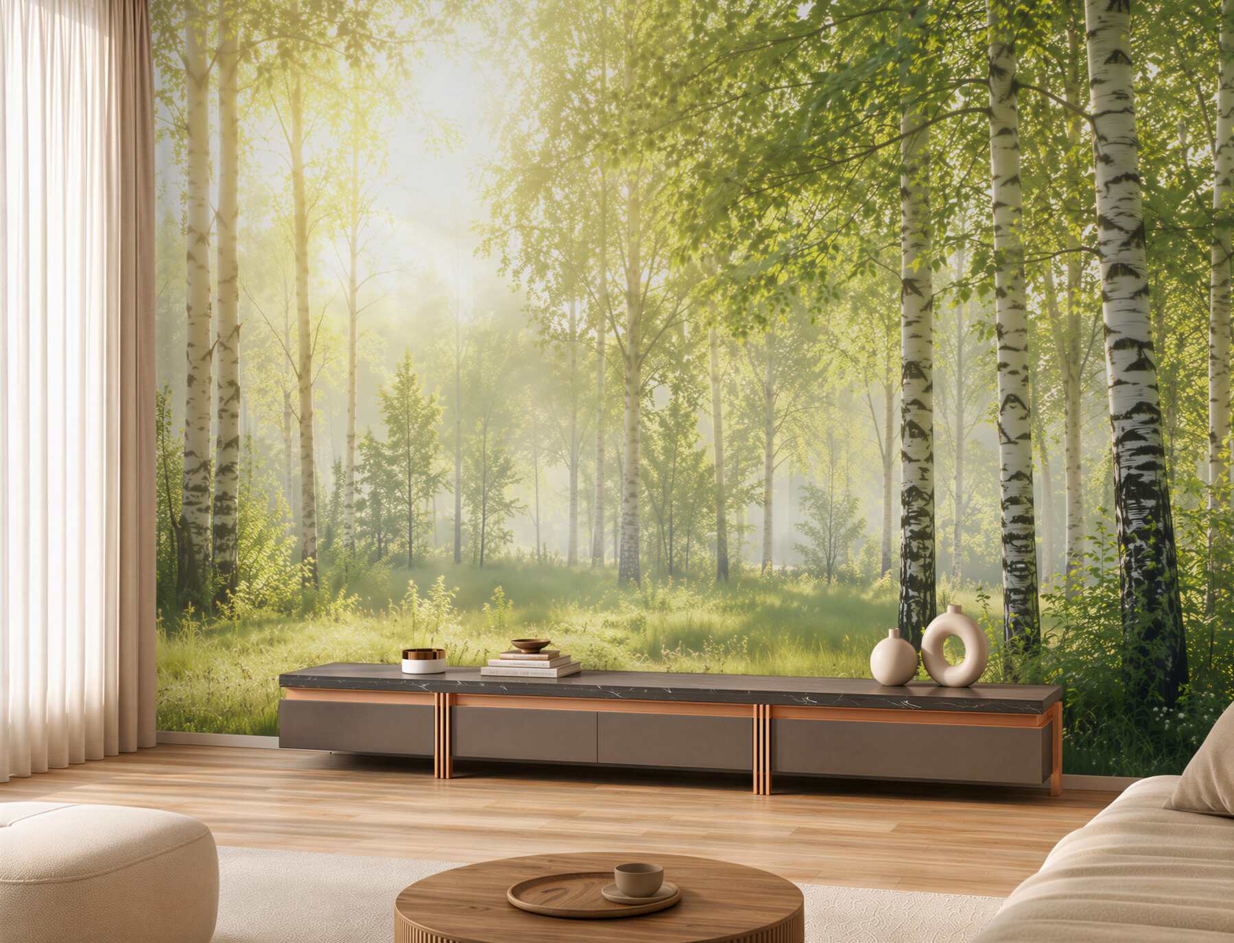 Fotobehang zonnestralen in het berkenbos