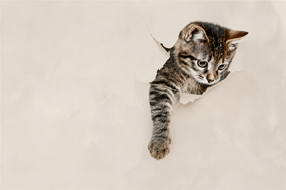 Fotobehang Kat die uit een witte muur kruipt