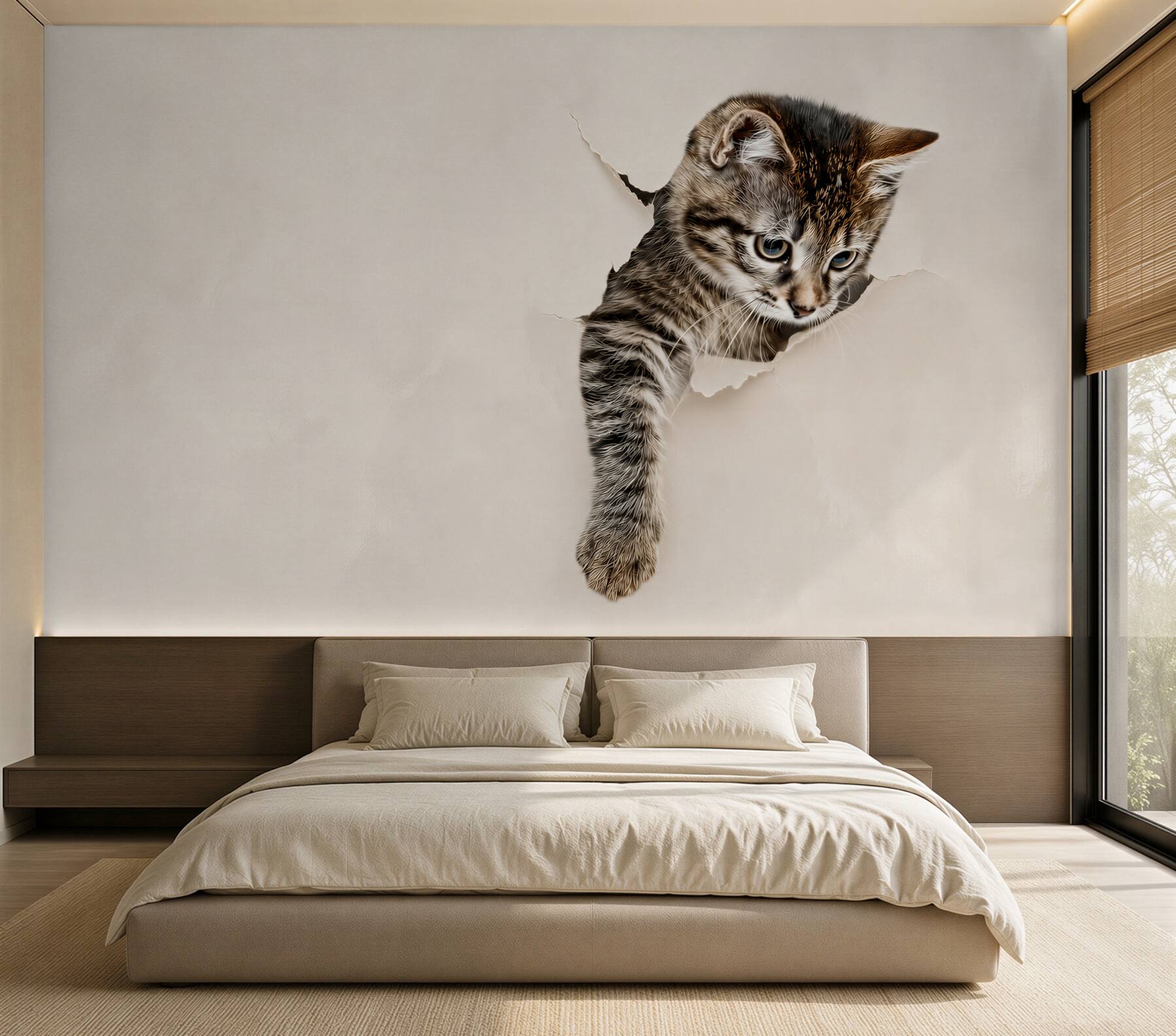 Fotobehang Kat die uit een witte muur kruipt