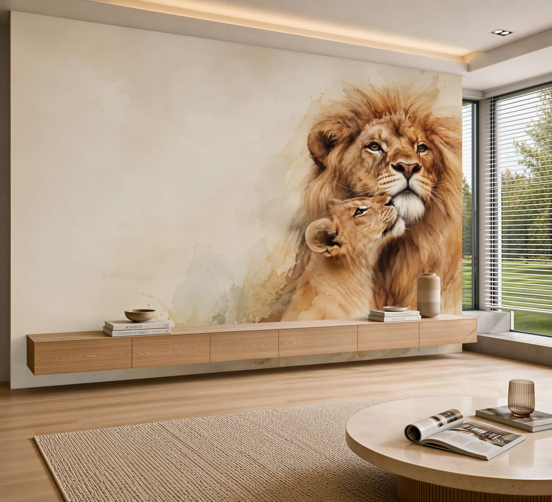 Fotobehang Leeuw en leeuwtje