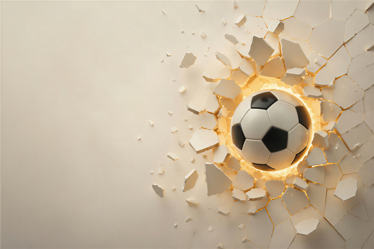 Fotobehang Een voetbal doorbreekt de muur met een gouden glans