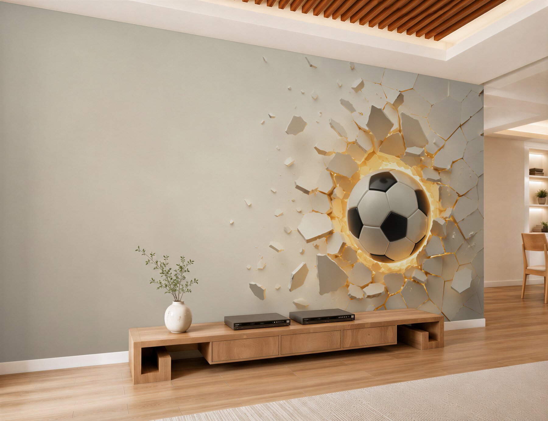 Fotobehang Een voetbal doorbreekt de muur met een gouden glans