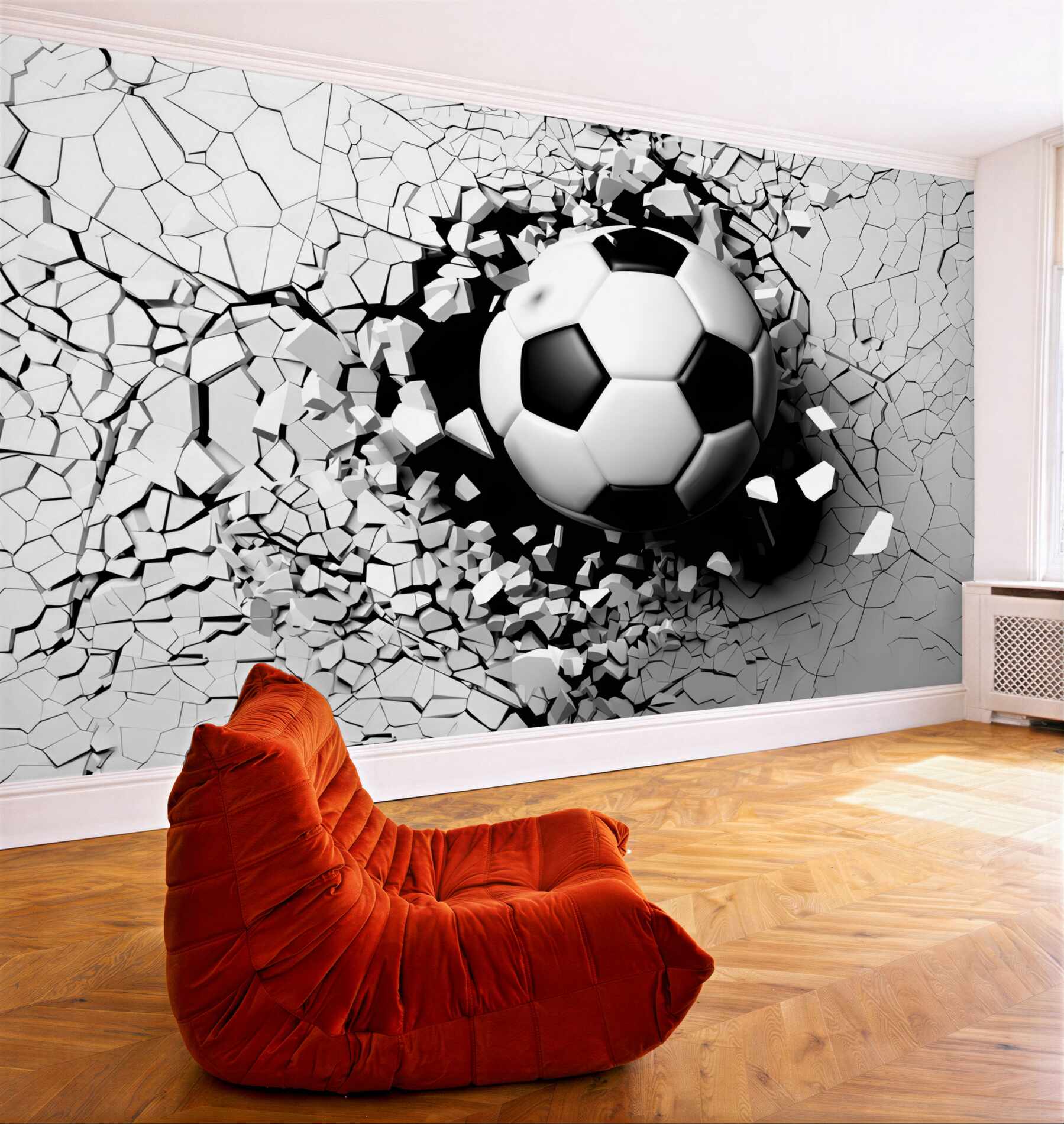 Fotobehang Een voetbal doorbreekt de muur