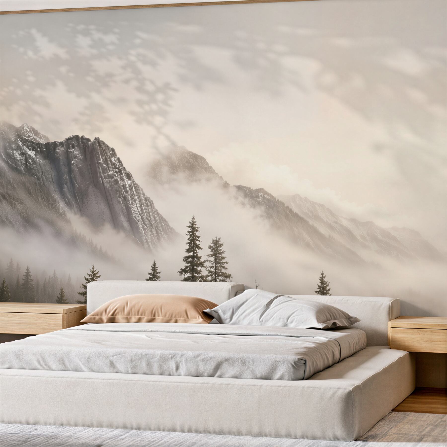 Fotobehang Zwart-witte bergen in de mist