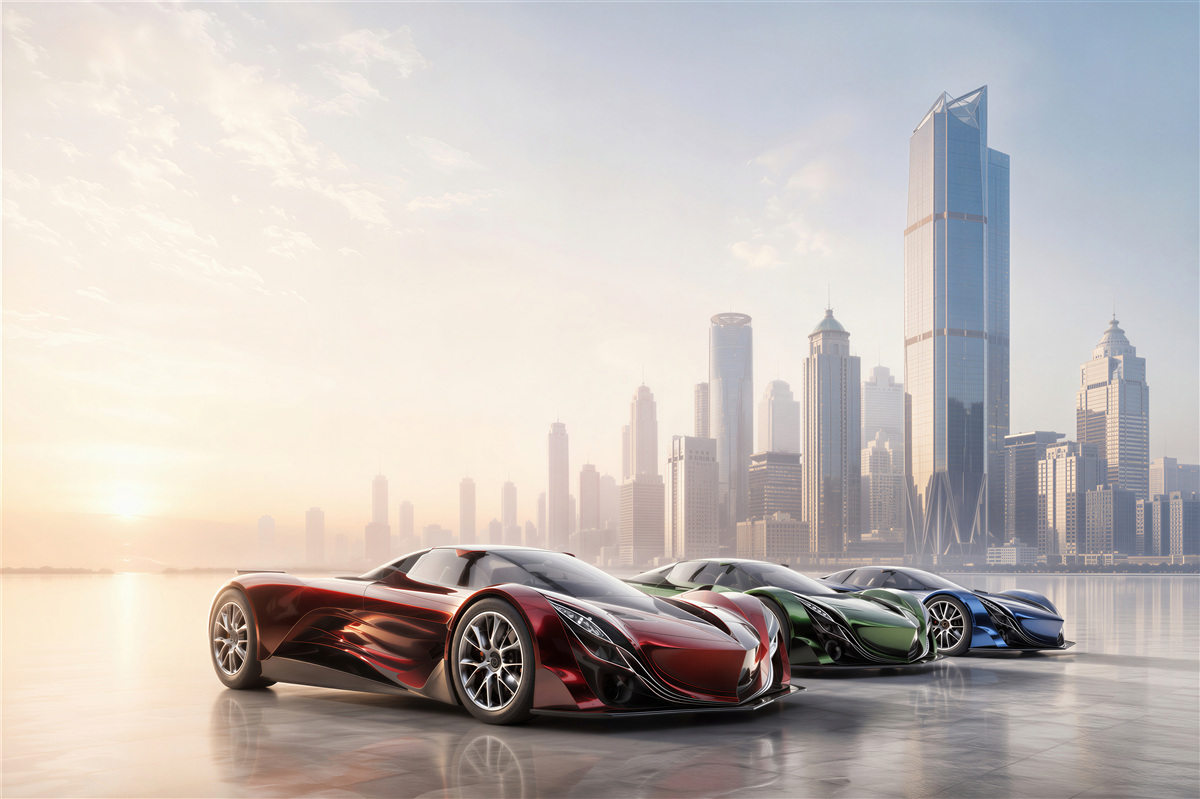 Fotobehang Drie sportauto's voor een metropool