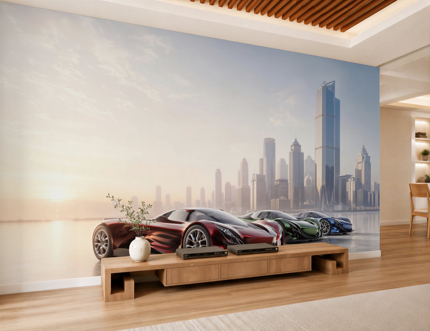 Fotobehang Drie sportauto's voor een metropool