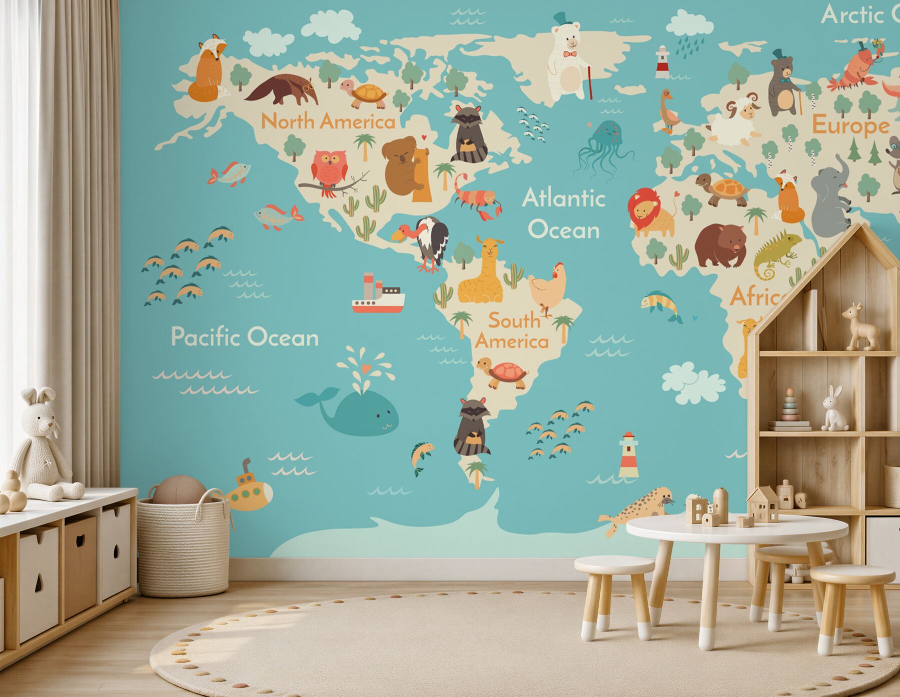 Fotobehang wereldkaart met de belangrijkste dieren