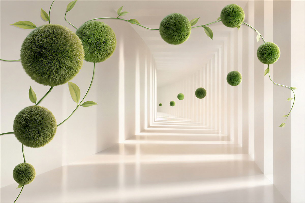 Fotobehang Groene ballen die in een tunnel zweven