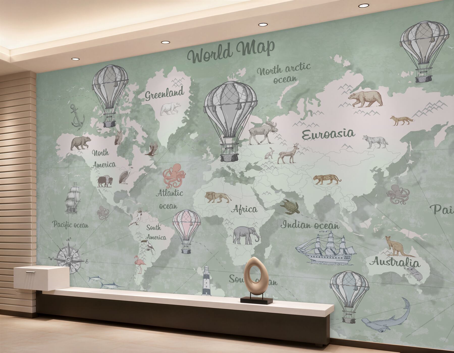 Fotobehang Wereldkaart met namen van continenten