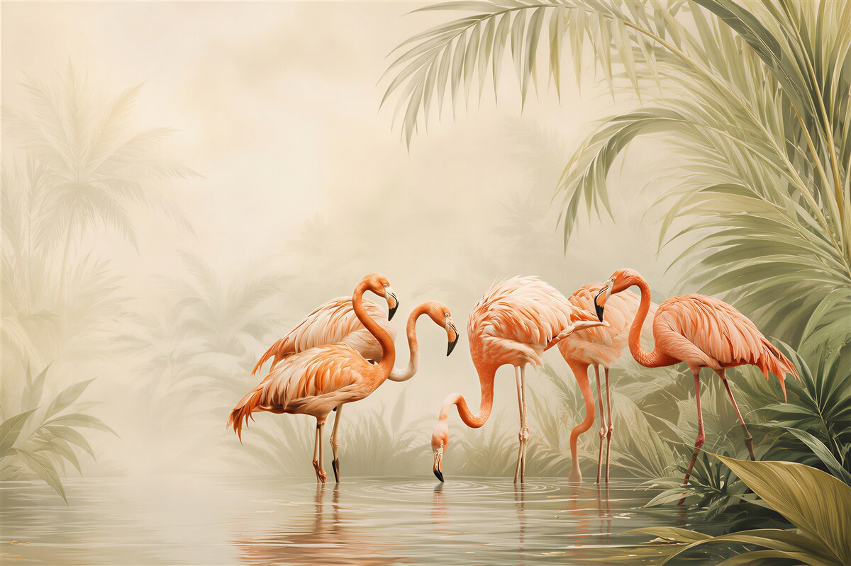 Fotobehang Roze flamingo in een groen bos