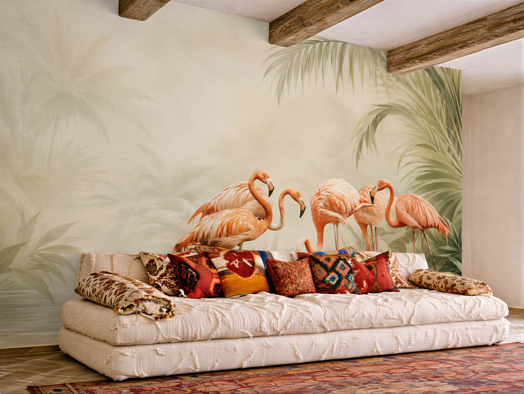 Fotobehang Roze flamingo in een groen bos