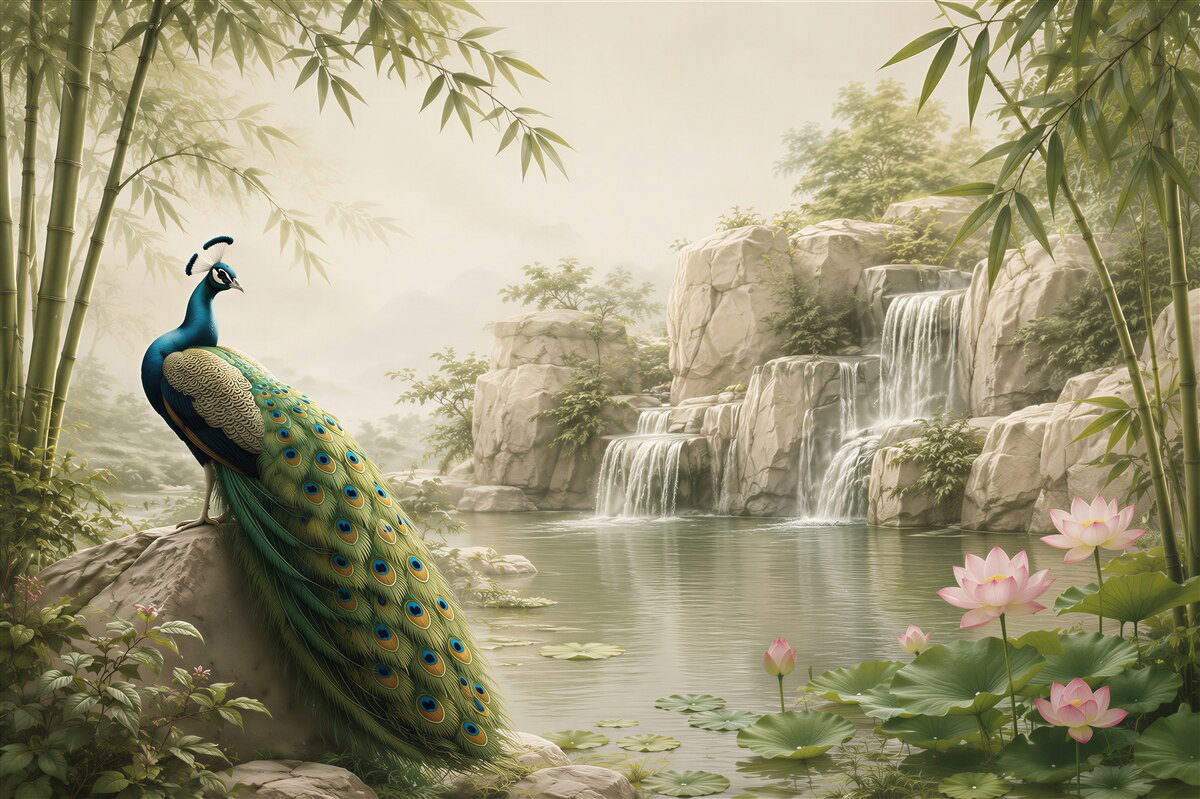 Fotobehang Pauwen rusten bij een waterval