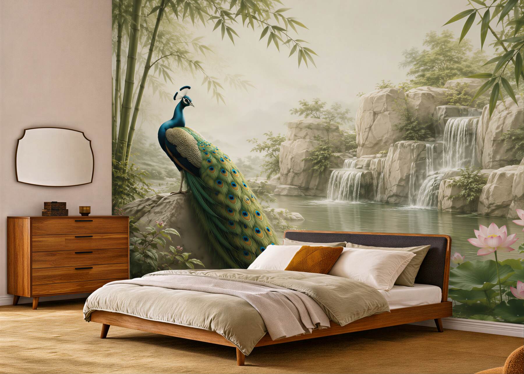 Fotobehang Pauwen rusten bij een waterval