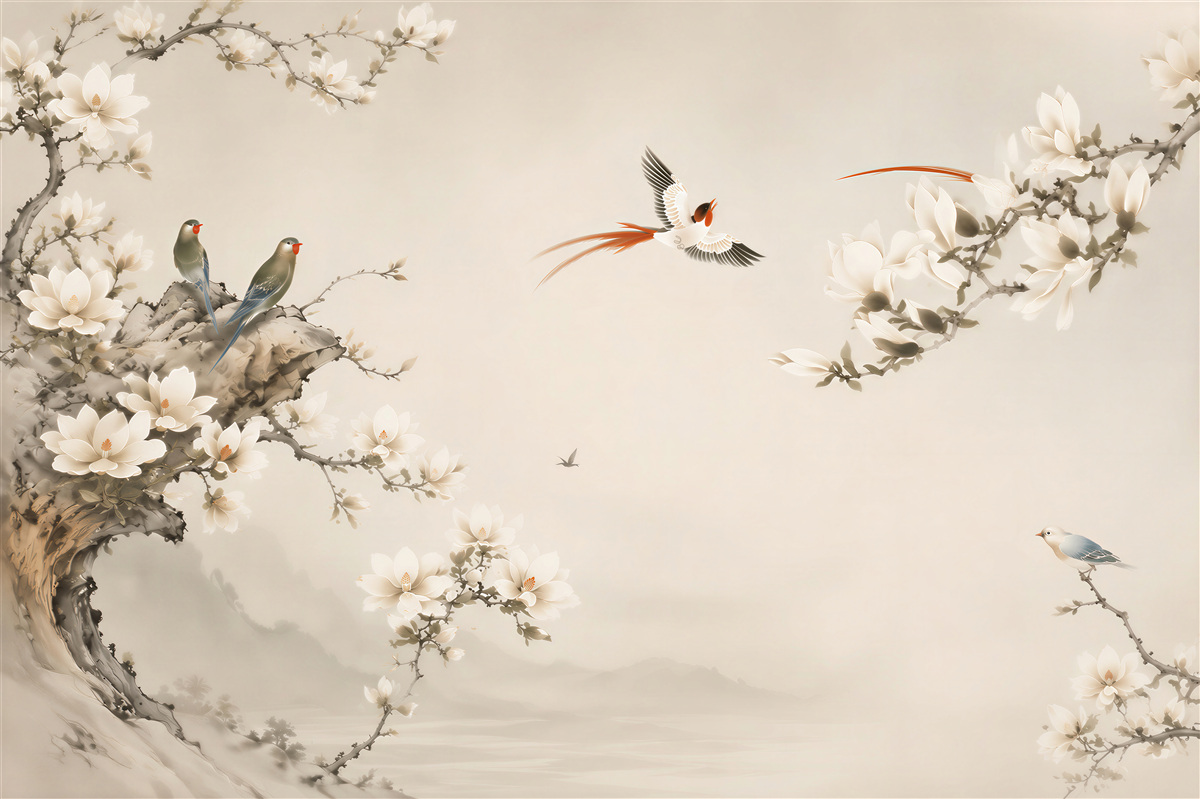Fotobehang Vogels spelen op bloemen