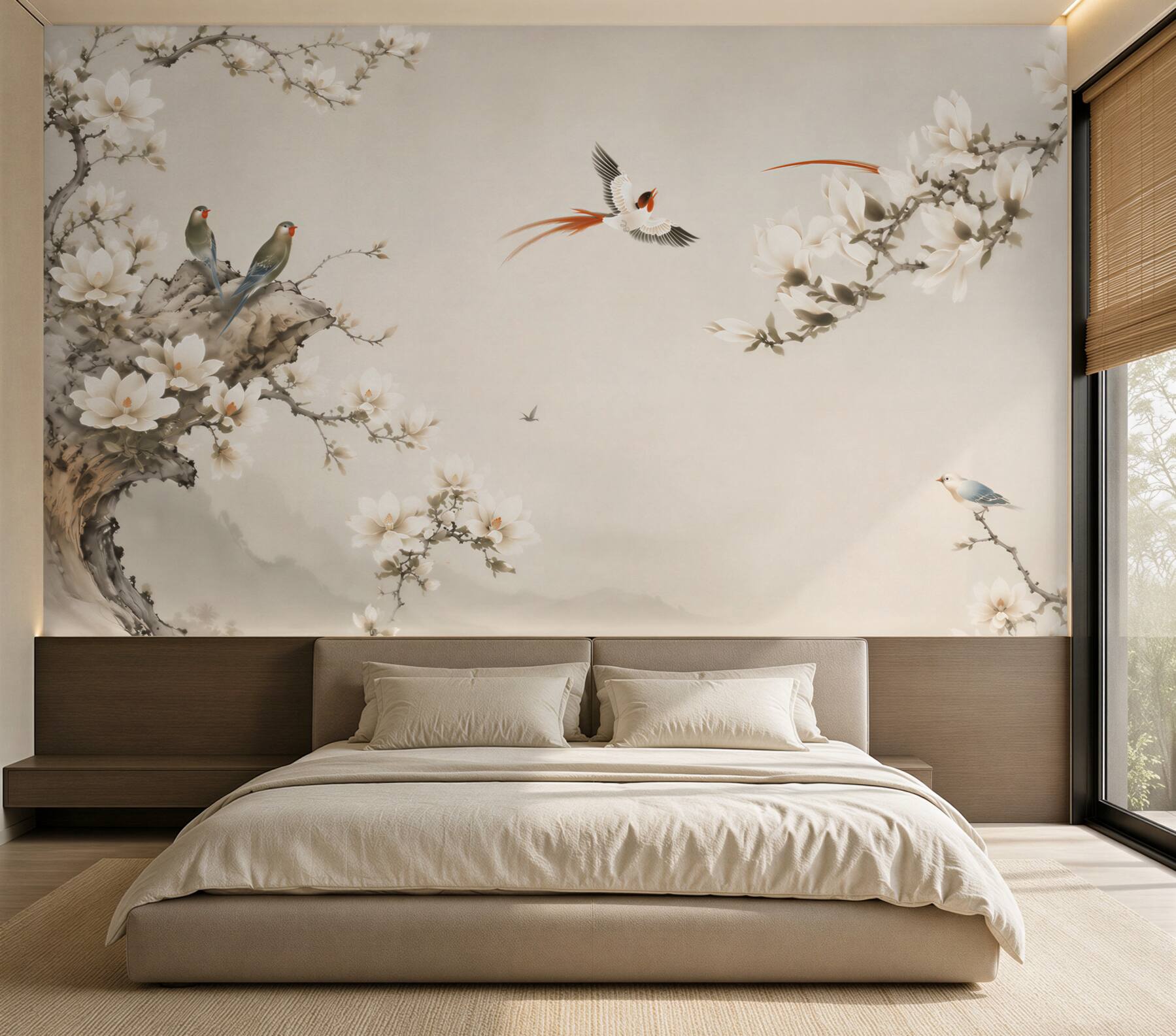 Fotobehang Vogels spelen op bloemen