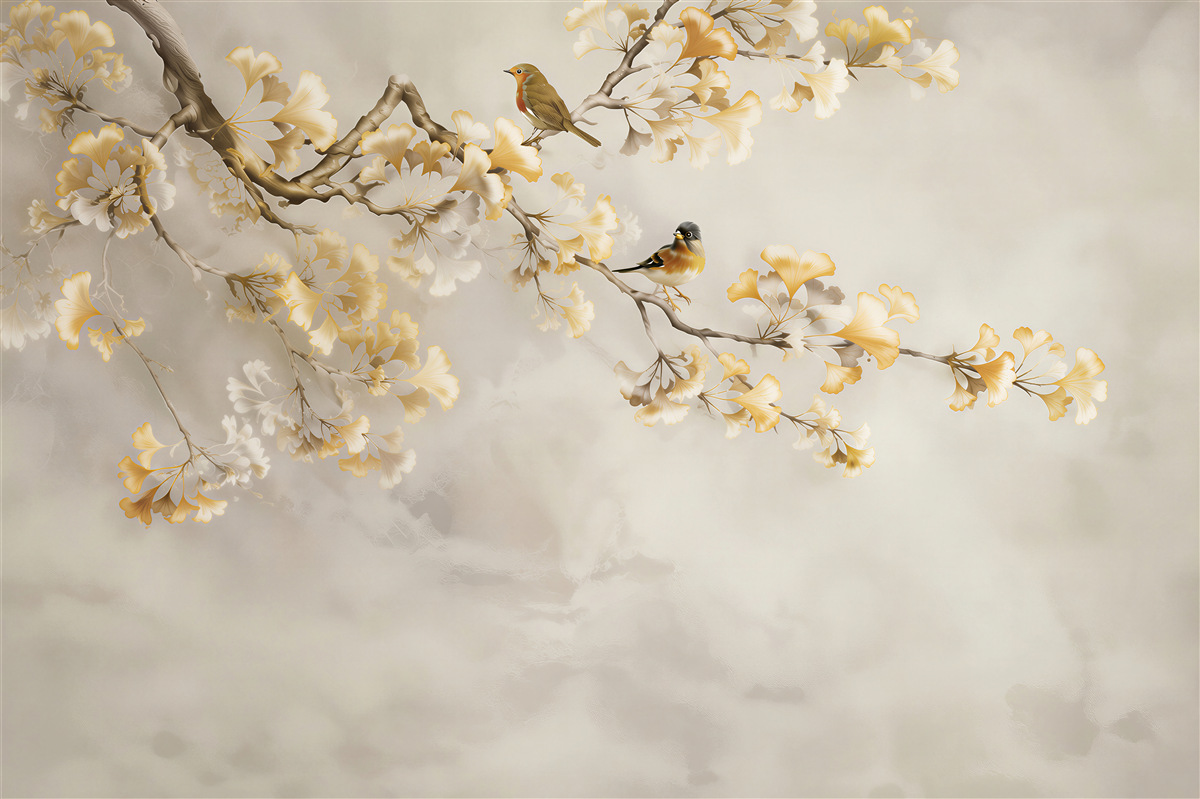 Fotobehang Tak met gele bloemen en vogels