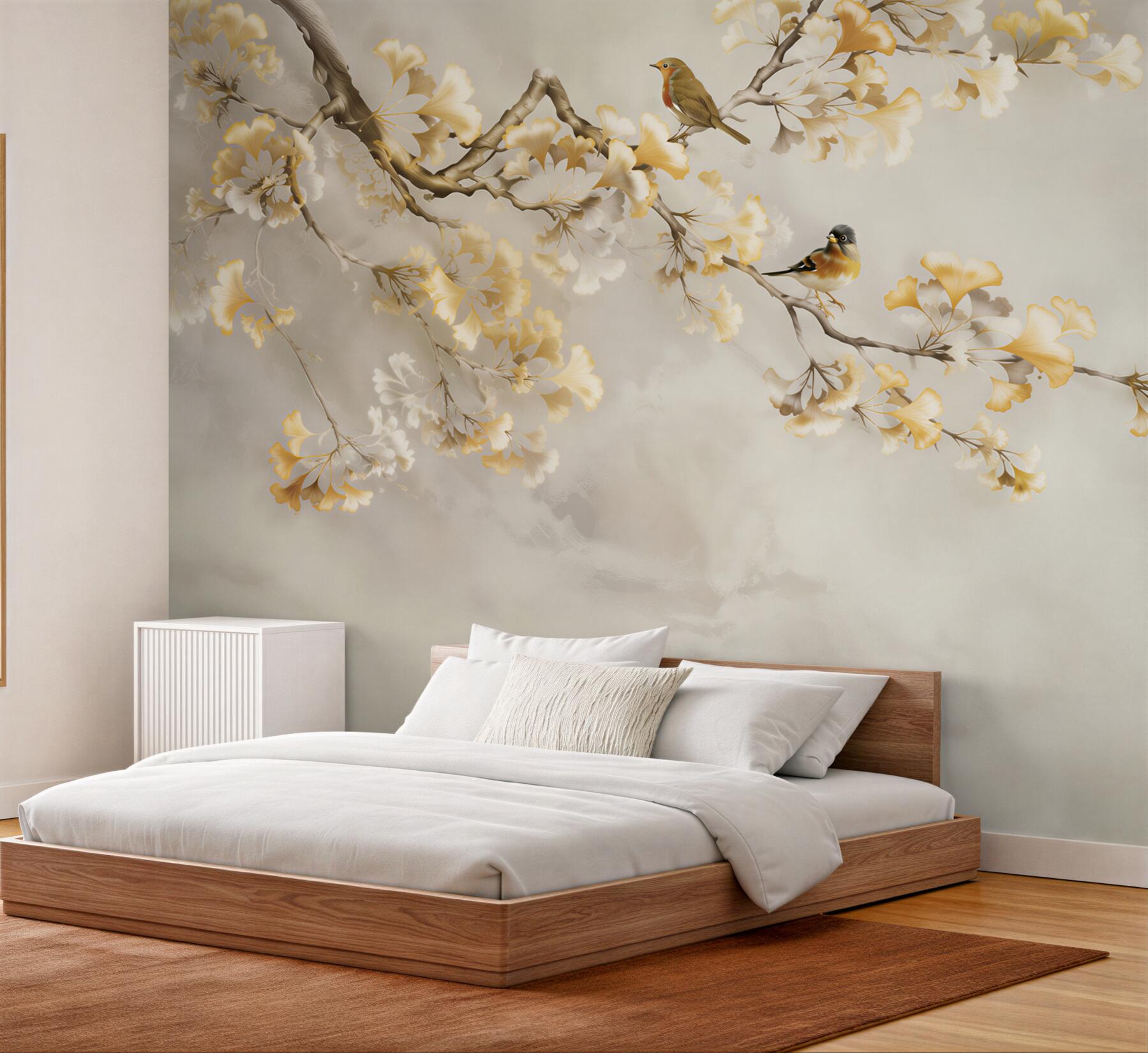 Fotobehang Tak met gele bloemen en vogels