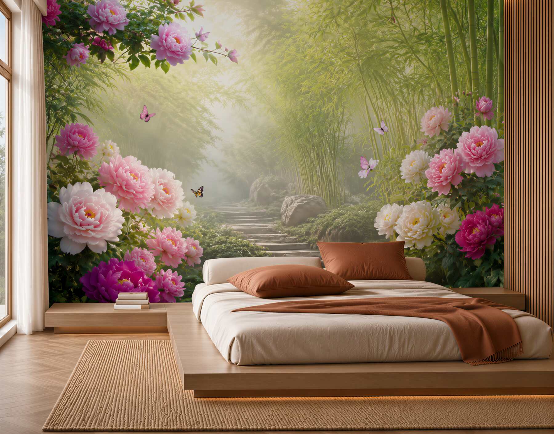 Fotobehang Groene bamboe vos en bloemen