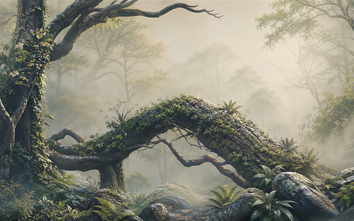 Fotobehang Mystiek bos in de mist met een omgevallen boom