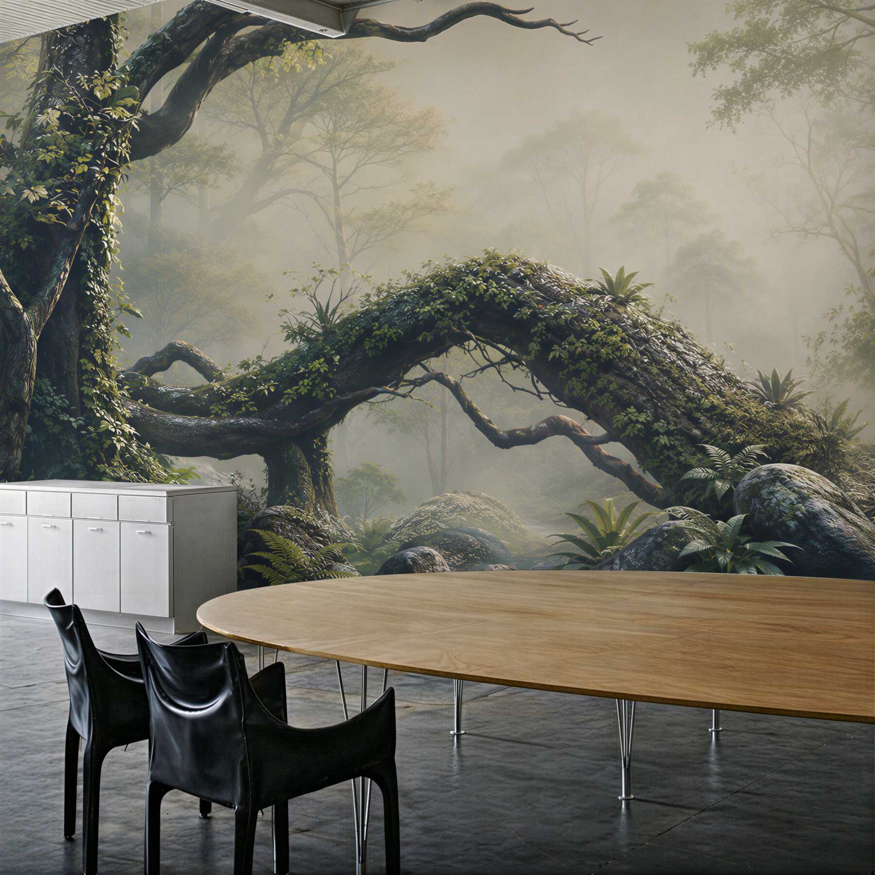 Fotobehang Mystiek bos in de mist met een omgevallen boom