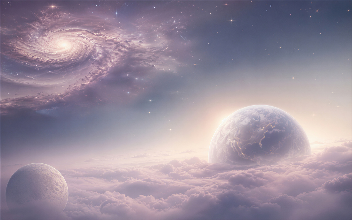 Fotobehang ruimtegalaxie en planeten in pastelwolken