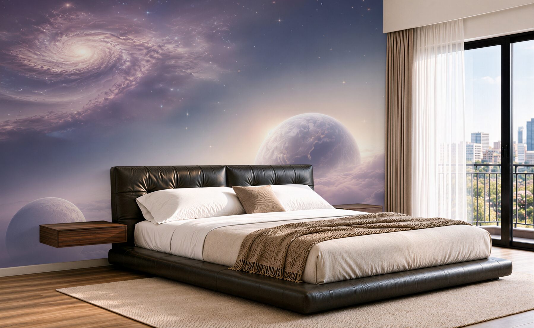 Fotobehang ruimtegalaxie en planeten in pastelwolken